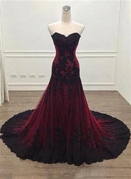 Picture of Gorgeous Black Color and Wine Red Color Mermaid Lone Evening Gown Party Dresses, Sweetheart Lace Formal Dress